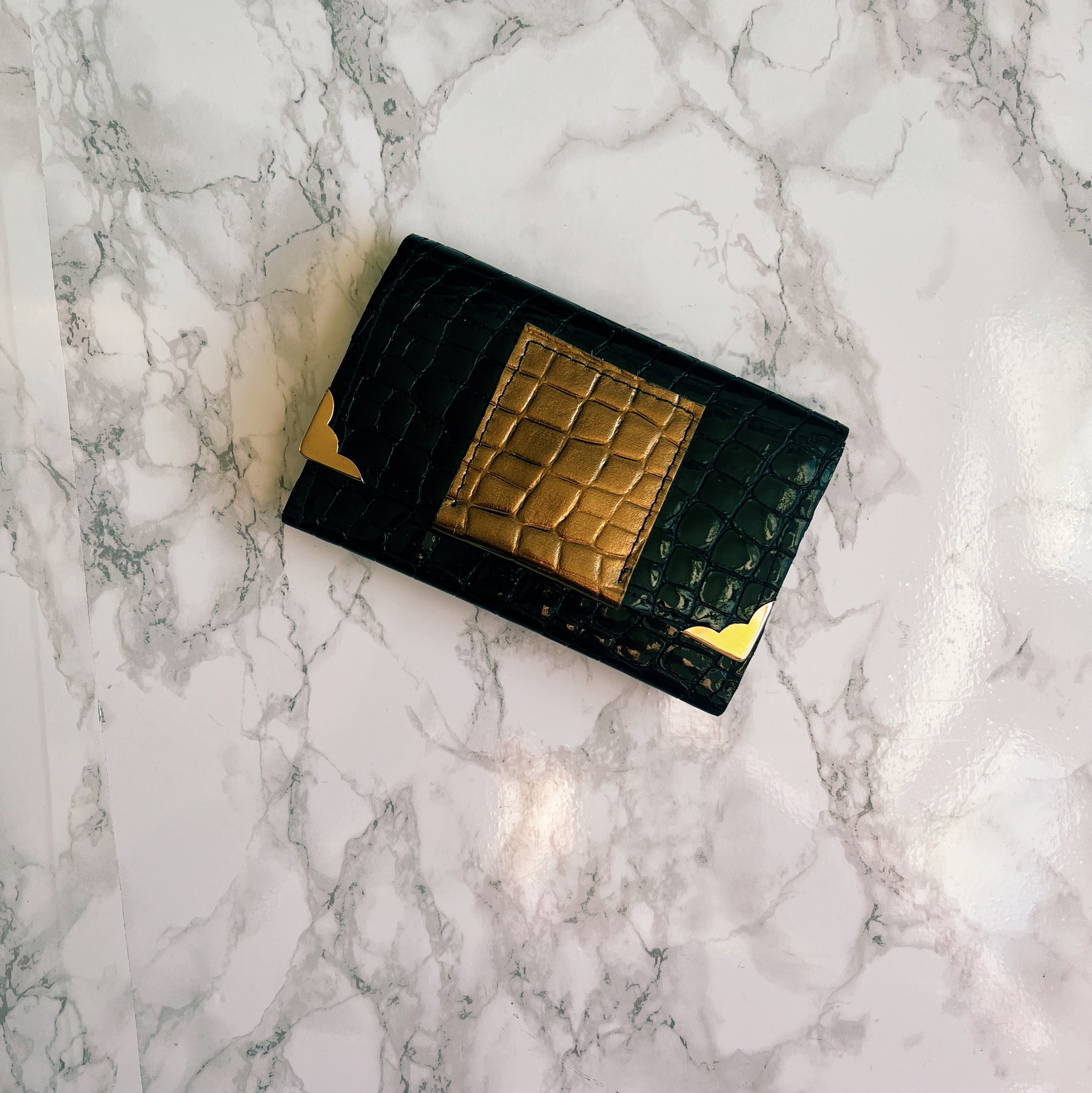Black and gold printed leather small wallet